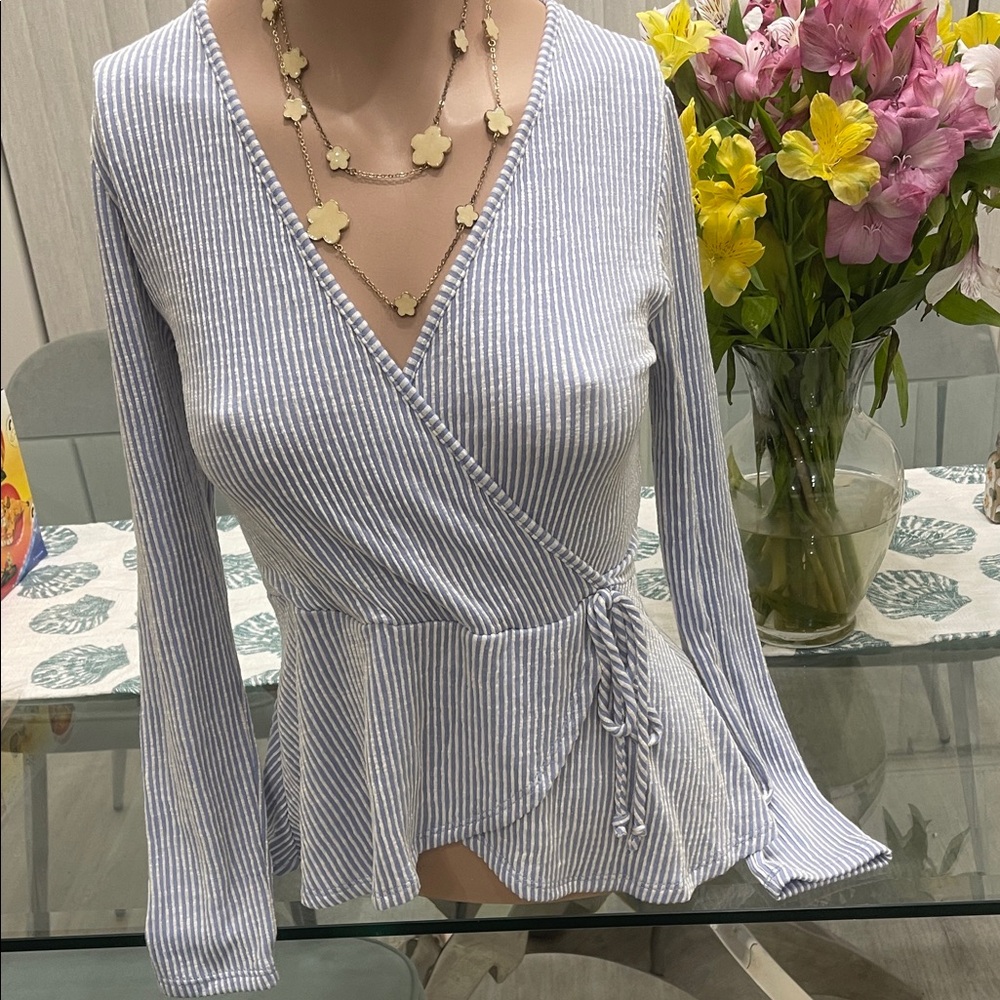 Caution To The Wind Blue and White Striped Wrap Blouse